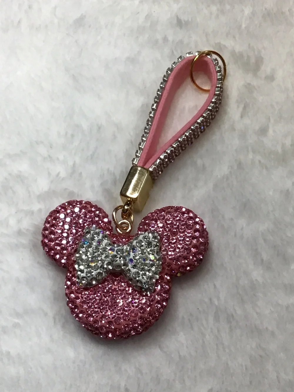 Pink Sparkle Mouse Ears Keychain with Rhinestone Bow